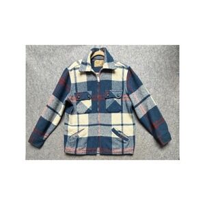 Mackinaw Woolens Vintage Plaid Wool Zip Up Jacket Blue Cream Serval Zipper Mens